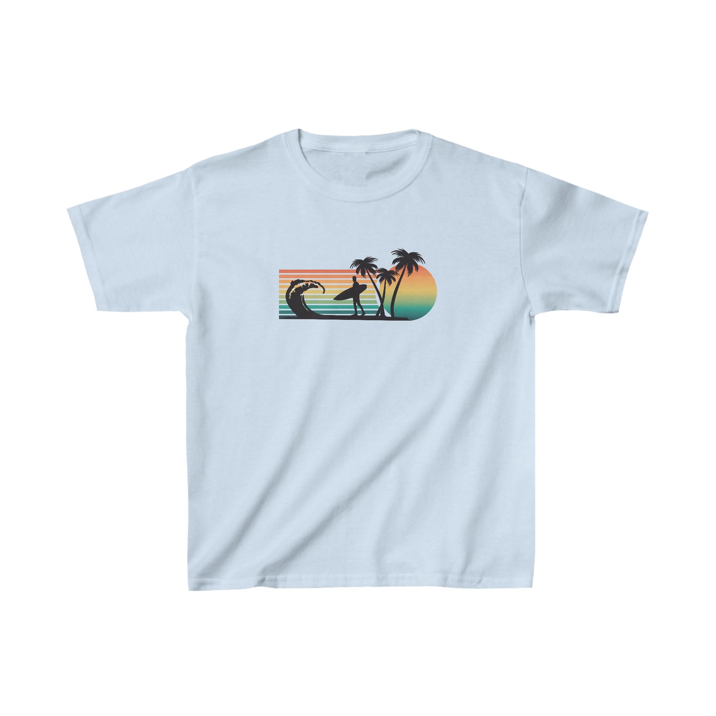 Surfer, Waves, Palm Trees - Retro -  Silhouette - Kids Heavy Cotton Tee