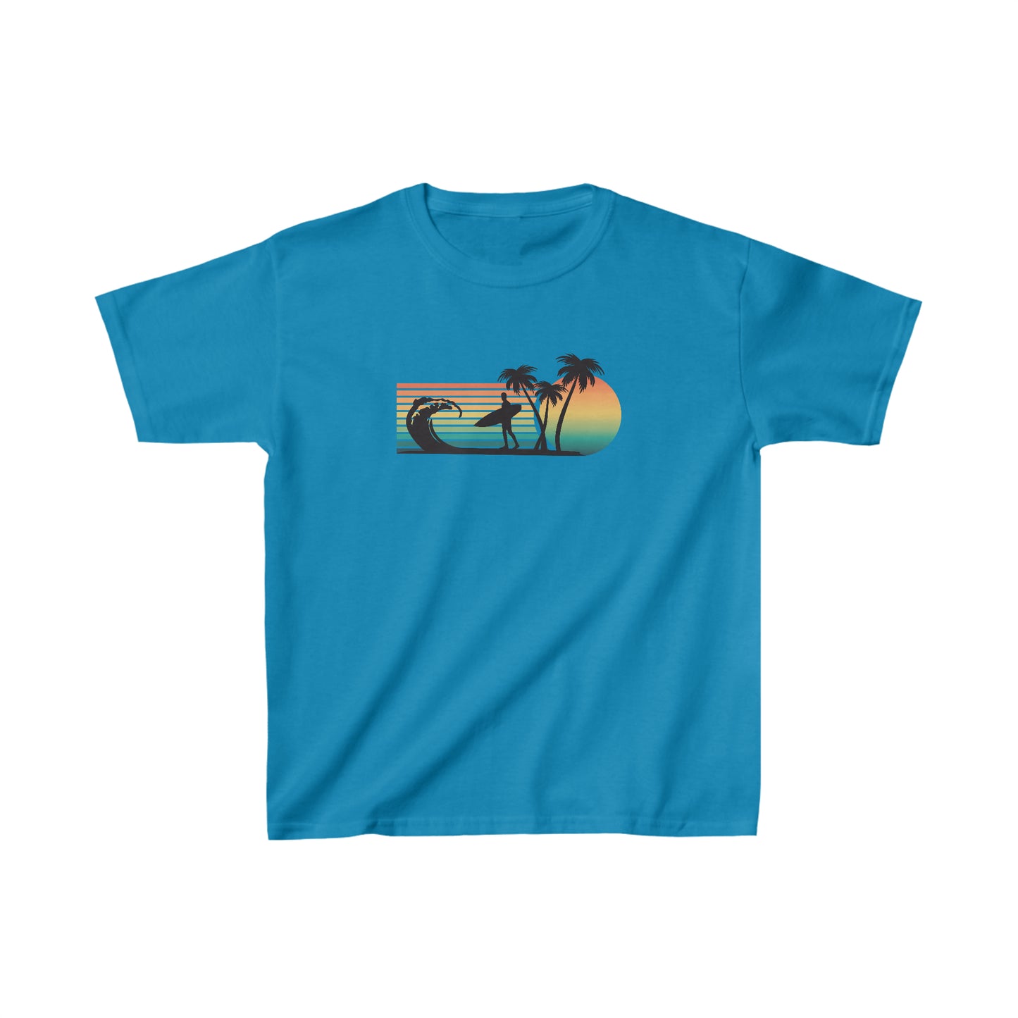 Surfer, Waves, Palm Trees - Retro -  Silhouette - Kids Heavy Cotton Tee