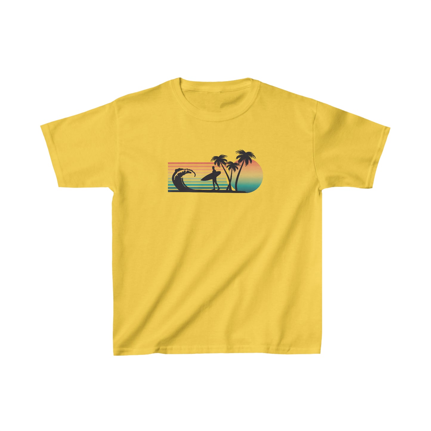 Surfer, Waves, Palm Trees - Retro -  Silhouette - Kids Heavy Cotton Tee