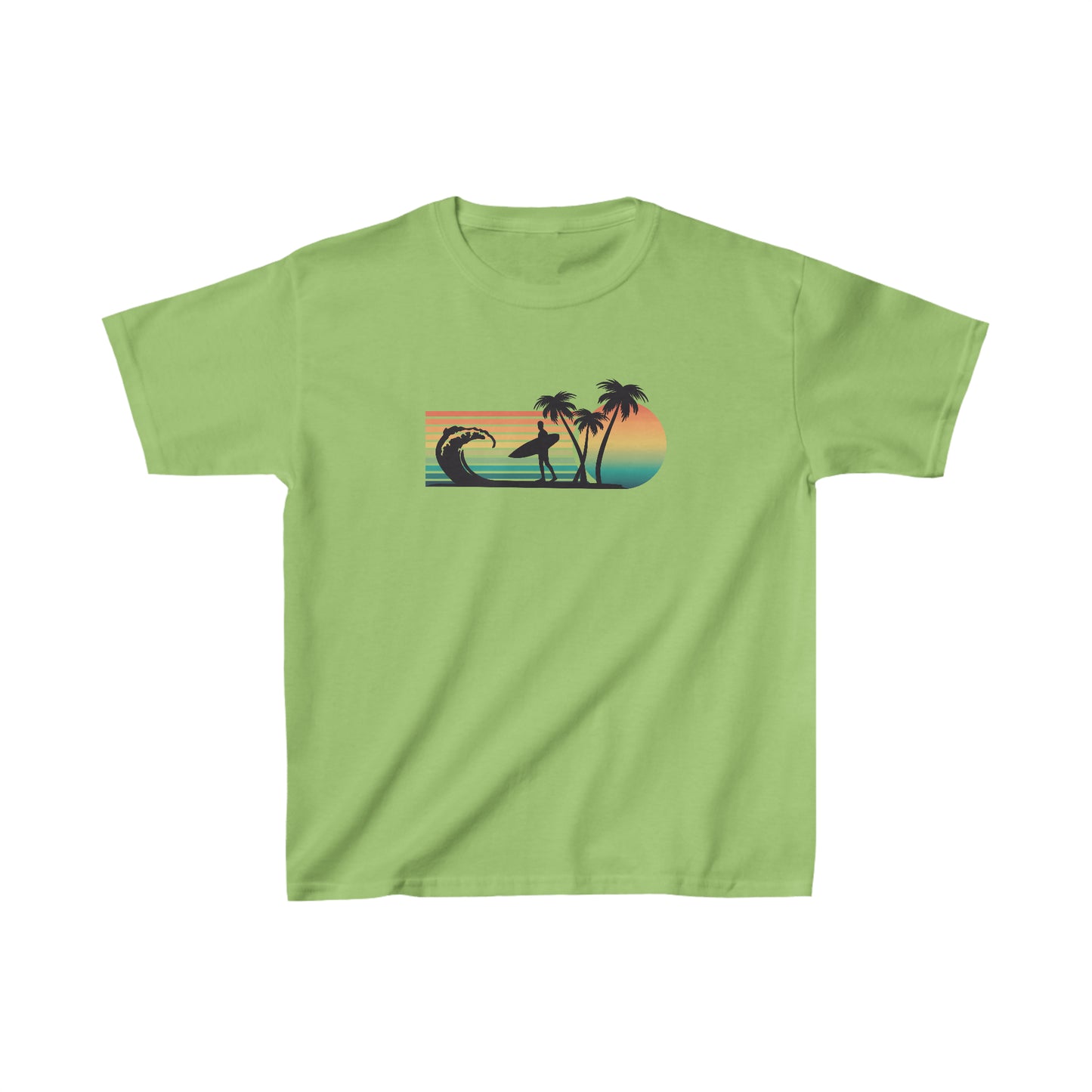 Surfer, Waves, Palm Trees - Retro -  Silhouette - Kids Heavy Cotton Tee