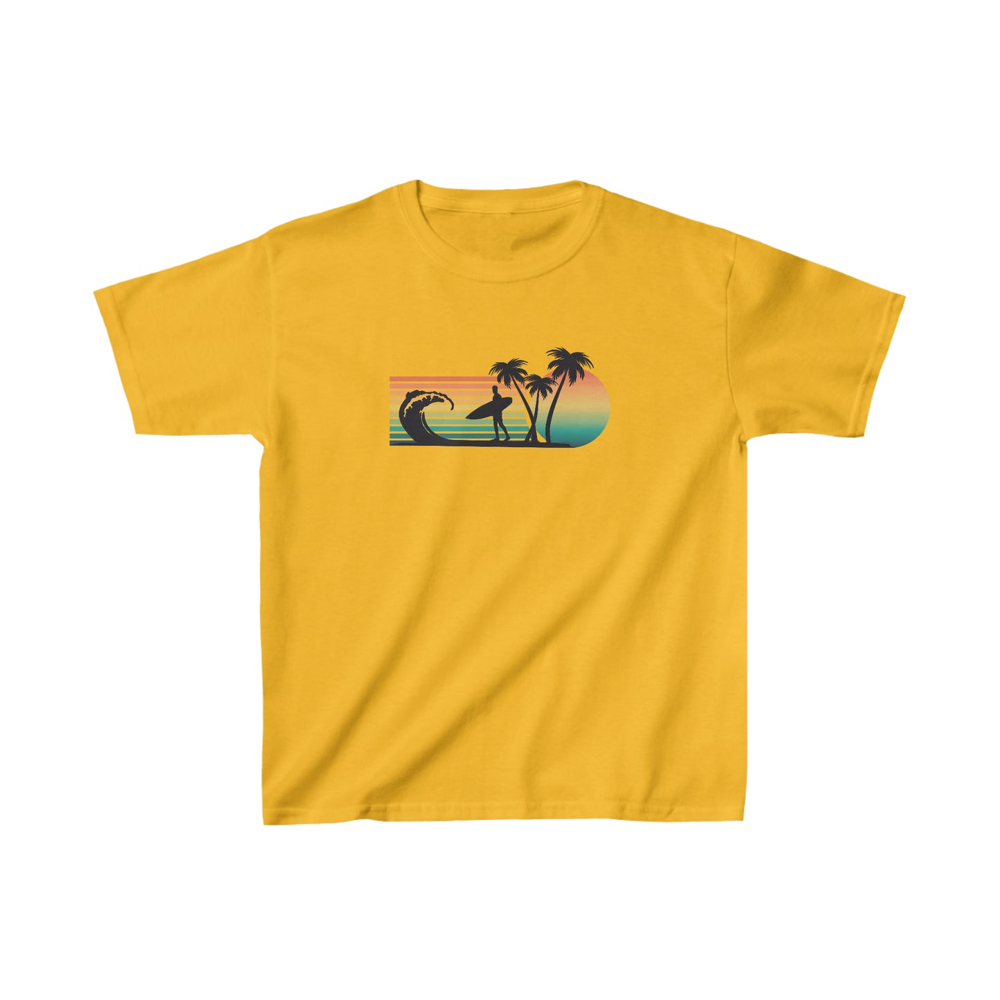 Surfer, Waves, Palm Trees - Retro -  Silhouette - Kids Heavy Cotton Tee