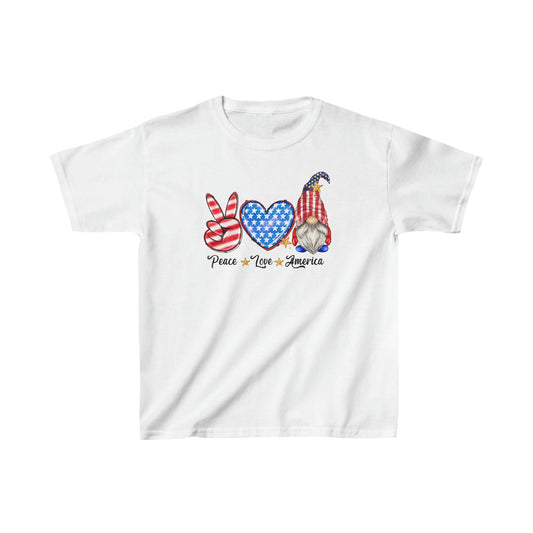Peace, Love, America Gnomes - 4th of July - Red, White, and Blue - Independence Day - Kids Heavy Cotton Tee