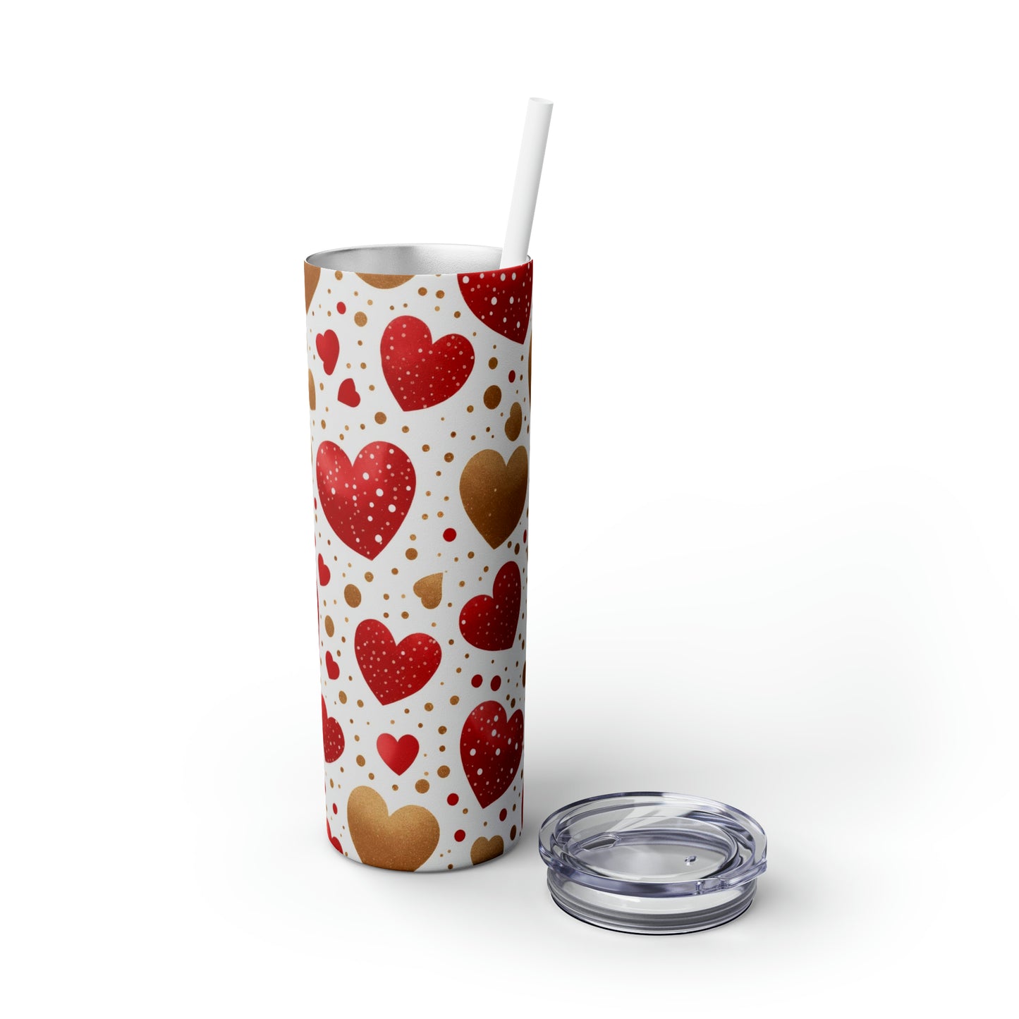 Love Hearts - Red and Gold Floating Hearts - Skinny Tumbler with Straw, 20oz - Stainless Steel