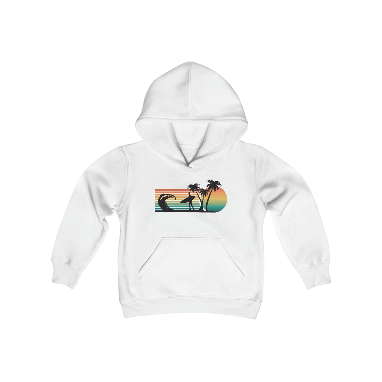 Surfing Silhouette - Retro - Old School - Palm Trees - Youth Heavy Blend Hooded Sweatshirt