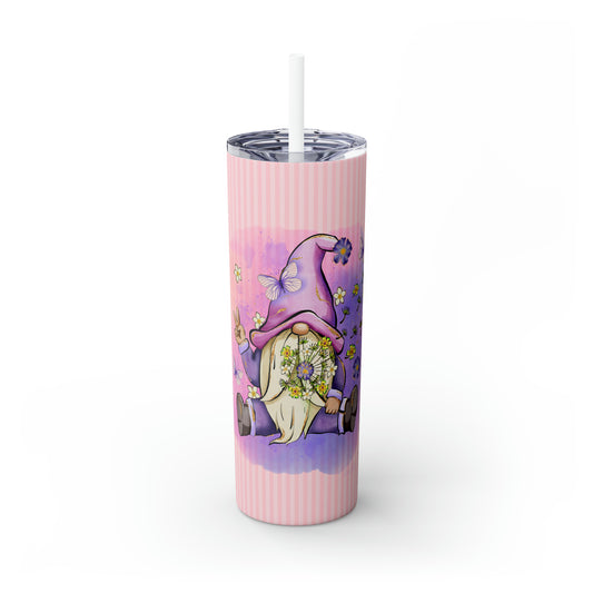 Purple Peace Gnome - Flowers and Butterflies - Pink Stripes - Skinny Tumbler with Straw, 20oz - Stainless Steel