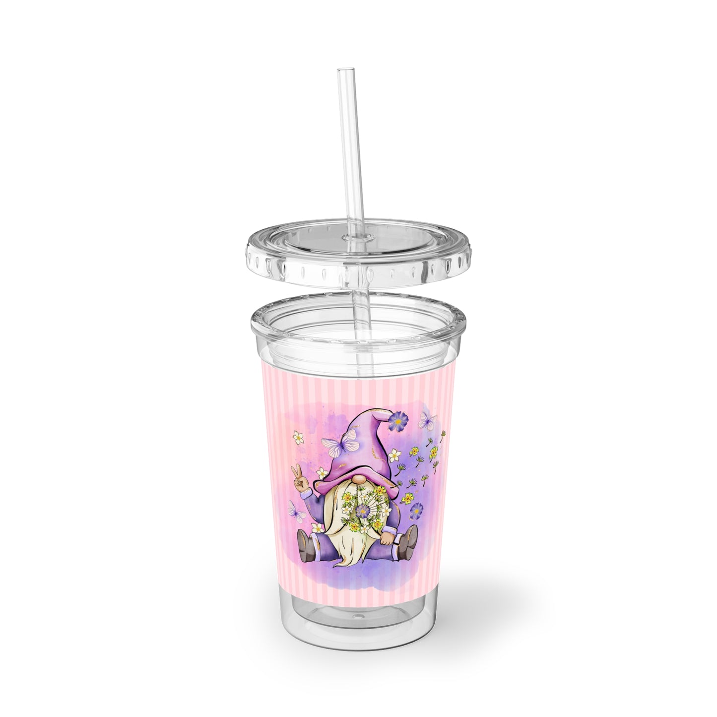 Purple Peace Gnome - Flowers and Butterflies - Pink Stripes - Clear - Suave Acrylic Cup - 16oz
