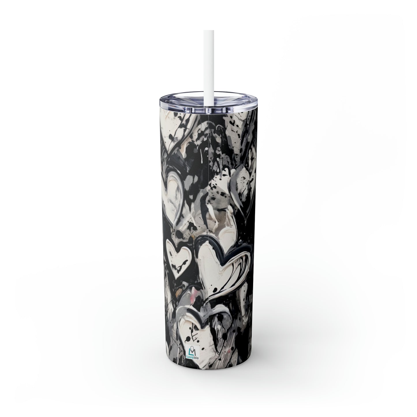 Black and White Painted Hearts - Skinny Tumbler with Straw, 20oz - Stainless Steel