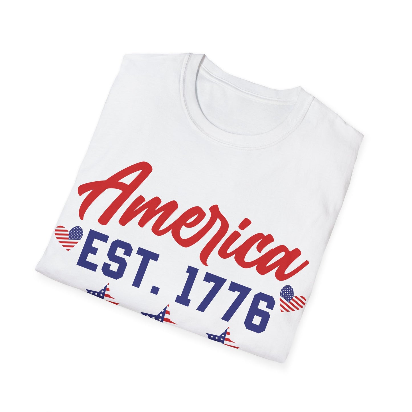 America - Est 1776 - American Flag - Heart - Star - 4th of July - Independence Day - Unisex Softstyle T-Shirt