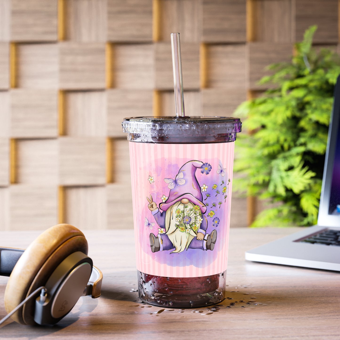 Purple Peace Gnome - Flowers and Butterflies - Pink Stripes - Clear - Suave Acrylic Cup - 16oz