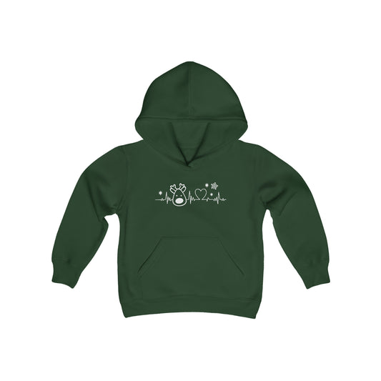 Reindeer Heartbeat - Funny Christmas - Fun Winter - Cute Winter Words - Youth Heavy Blend Hooded Sweatshirt