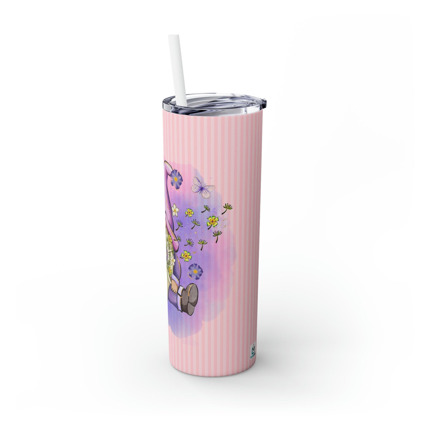 Purple Peace Gnome - Flowers and Butterflies - Pink Stripes - Skinny Tumbler with Straw, 20oz - Stainless Steel