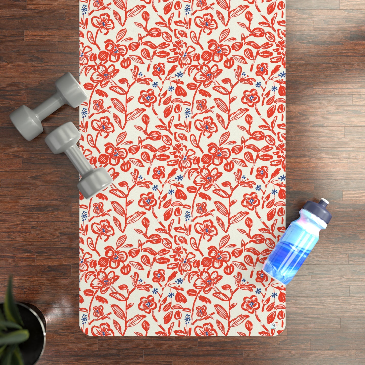 Hand Drawn Flowers - Red - Rubber Yoga Mat