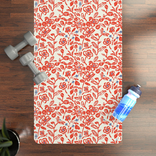 Hand Drawn Flowers - Red - Rubber Yoga Mat