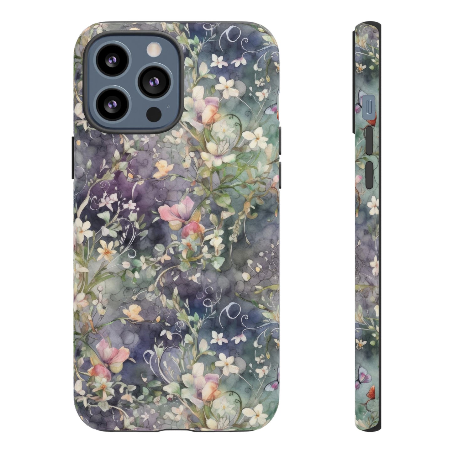 iPhone 13, iPhone 13 Mini, iPhone 13 Pro, iPhone 13 Pro Max - Watercolor Flowers Purple - Tough Phone Cases
