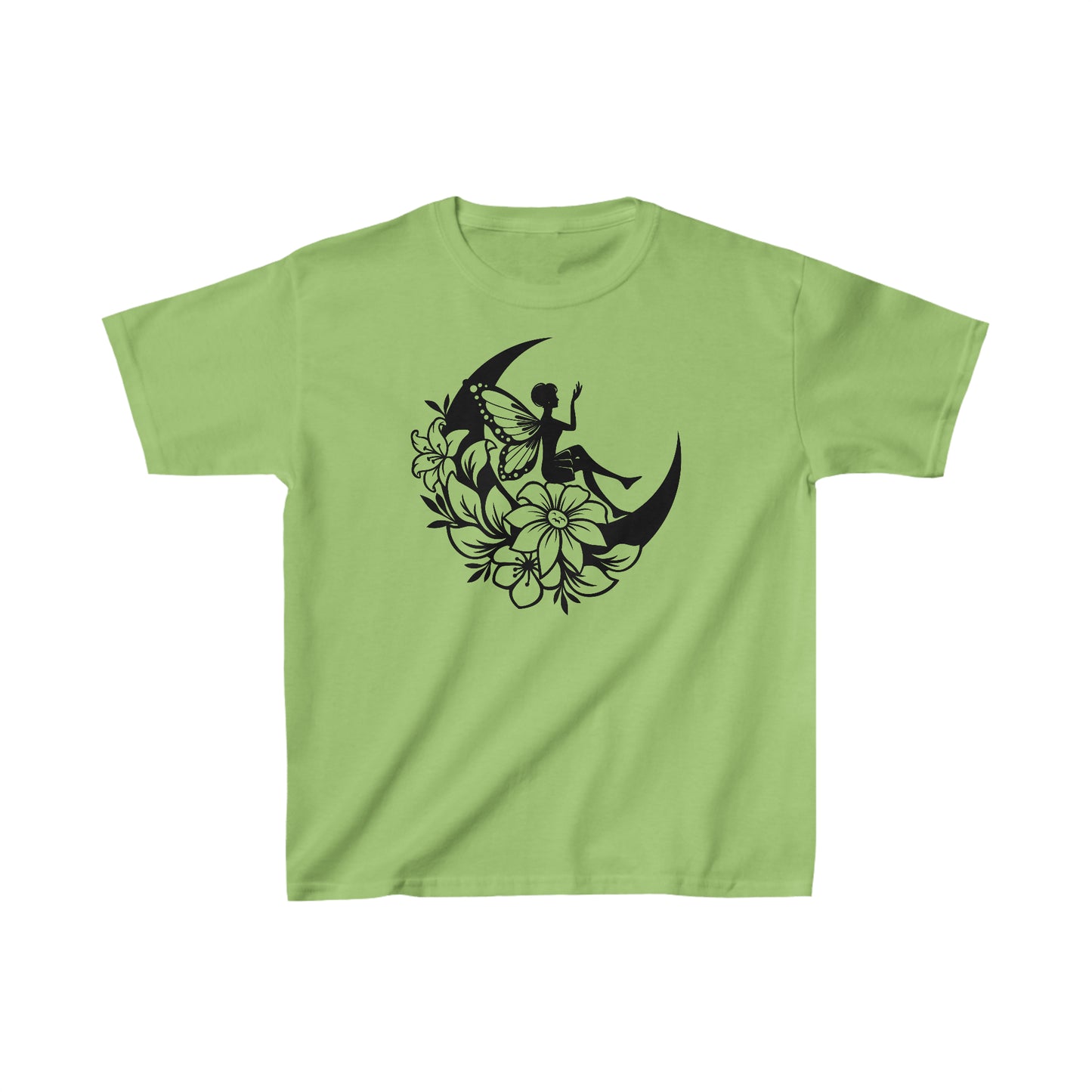 Fairy Sitting on Moon with Flowers - Kids Heavy Cotton Tee