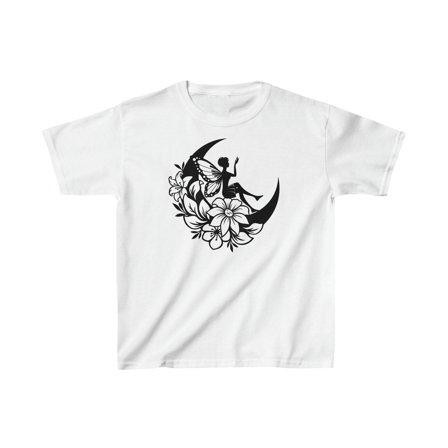 Fairy Sitting on Moon with Flowers - Kids Heavy Cotton Tee
