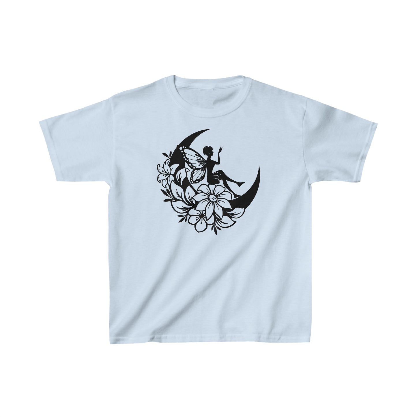 Fairy Sitting on Moon with Flowers - Kids Heavy Cotton Tee