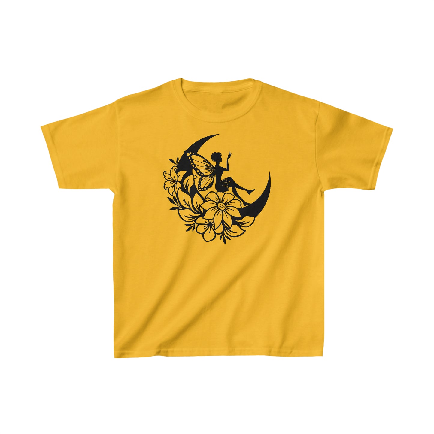 Fairy Sitting on Moon with Flowers - Kids Heavy Cotton Tee