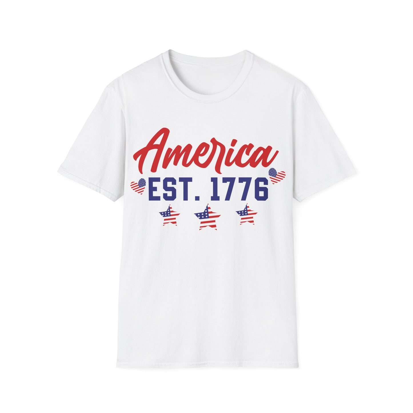 America - Est 1776 - American Flag - Heart - Star - 4th of July - Independence Day - Unisex Softstyle T-Shirt