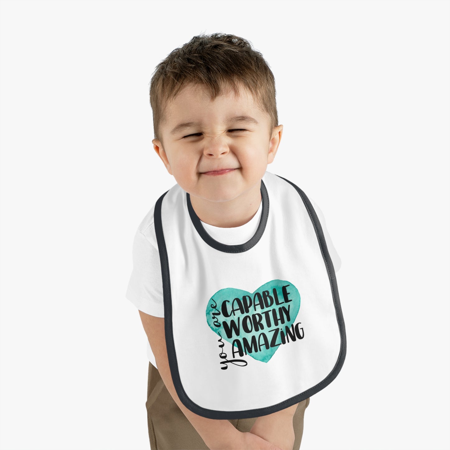 You are Capable, Worthy, Amazing - Watercolor Heart - Baby Contrast Trim Jersey Bib