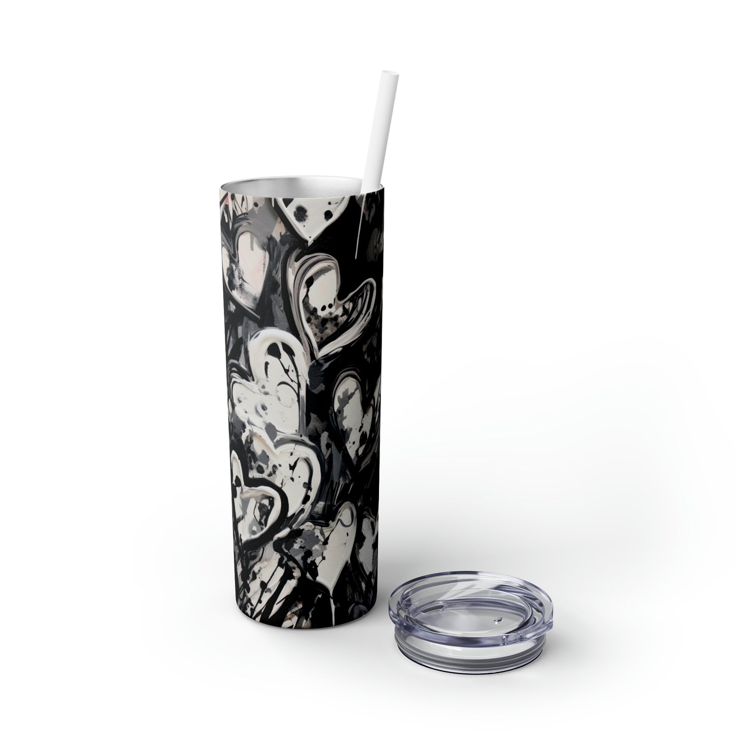 Black and White Painted Hearts - Skinny Tumbler with Straw, 20oz - Stainless Steel