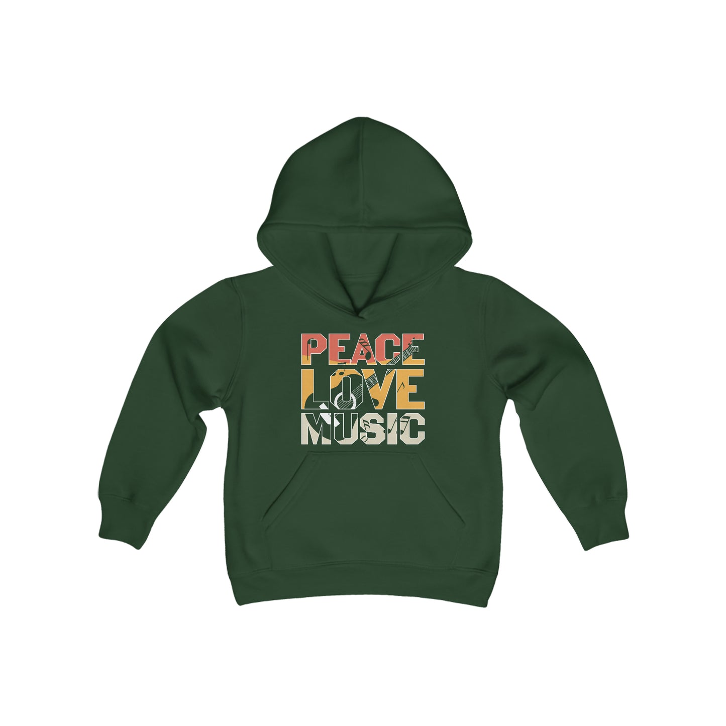 Peace - Love - Music - Guitar - Retro Sign - Music Lovers - Musicians - Youth Heavy Blend Hooded Sweatshirt