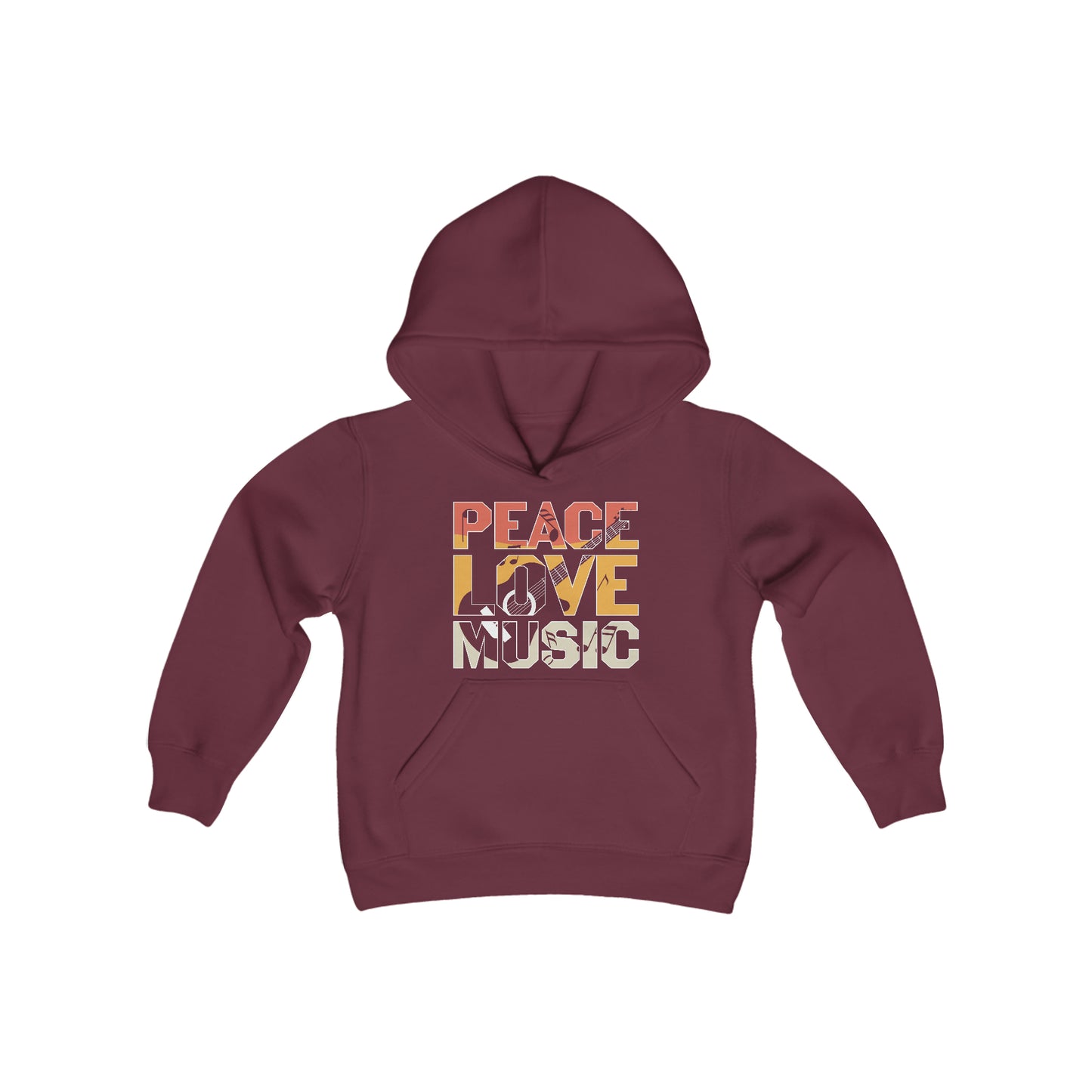 Peace - Love - Music - Guitar - Retro Sign - Music Lovers - Musicians - Youth Heavy Blend Hooded Sweatshirt