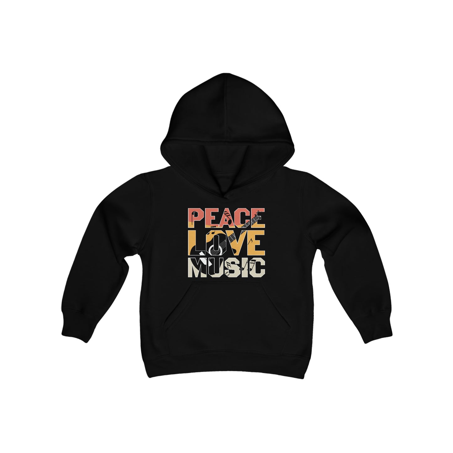 Peace - Love - Music - Guitar - Retro Sign - Music Lovers - Musicians - Youth Heavy Blend Hooded Sweatshirt