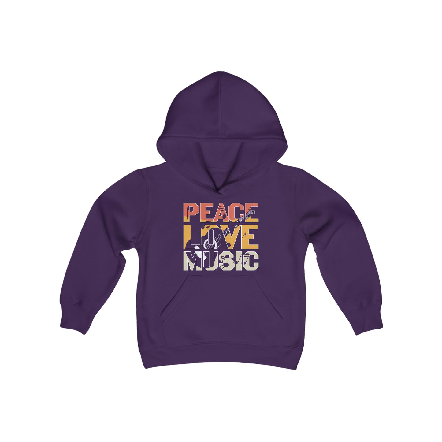 Peace - Love - Music - Guitar - Retro Sign - Music Lovers - Musicians - Youth Heavy Blend Hooded Sweatshirt