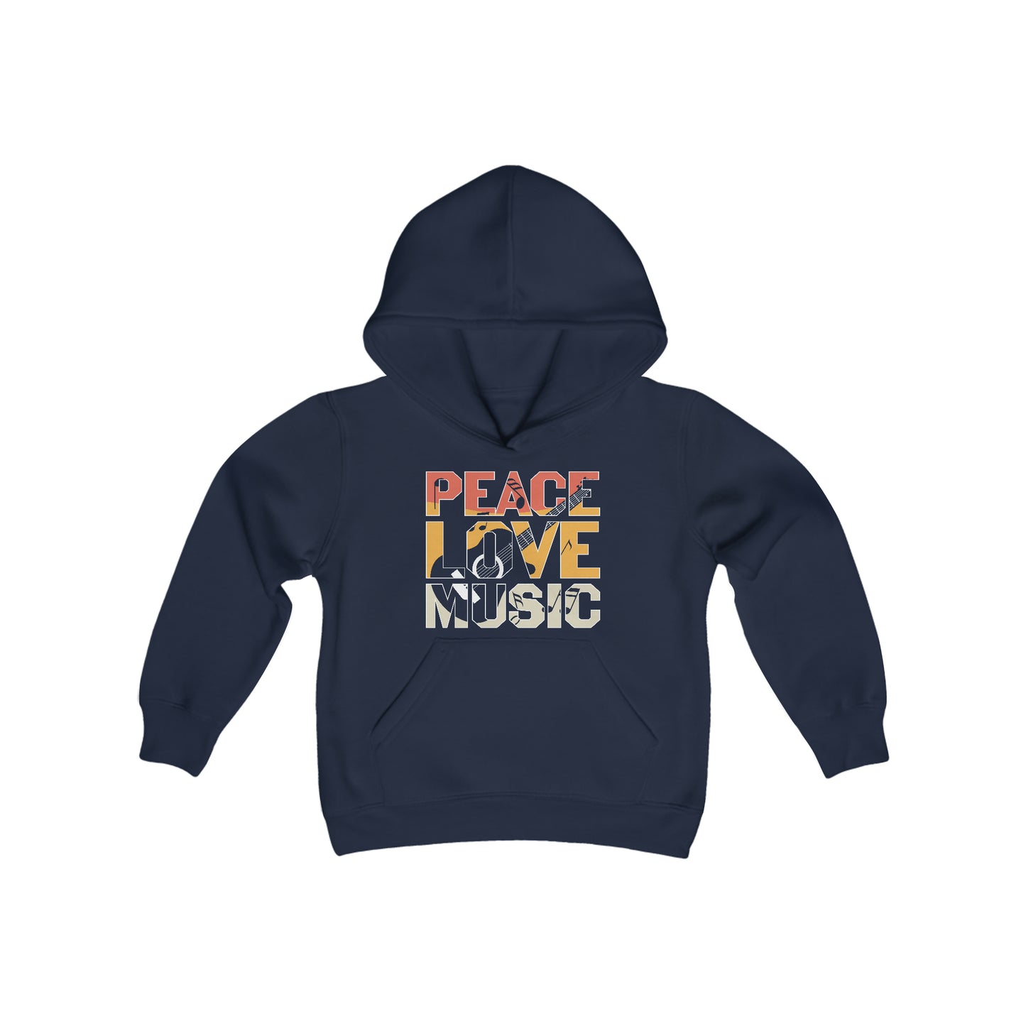 Peace - Love - Music - Guitar - Retro Sign - Music Lovers - Musicians - Youth Heavy Blend Hooded Sweatshirt