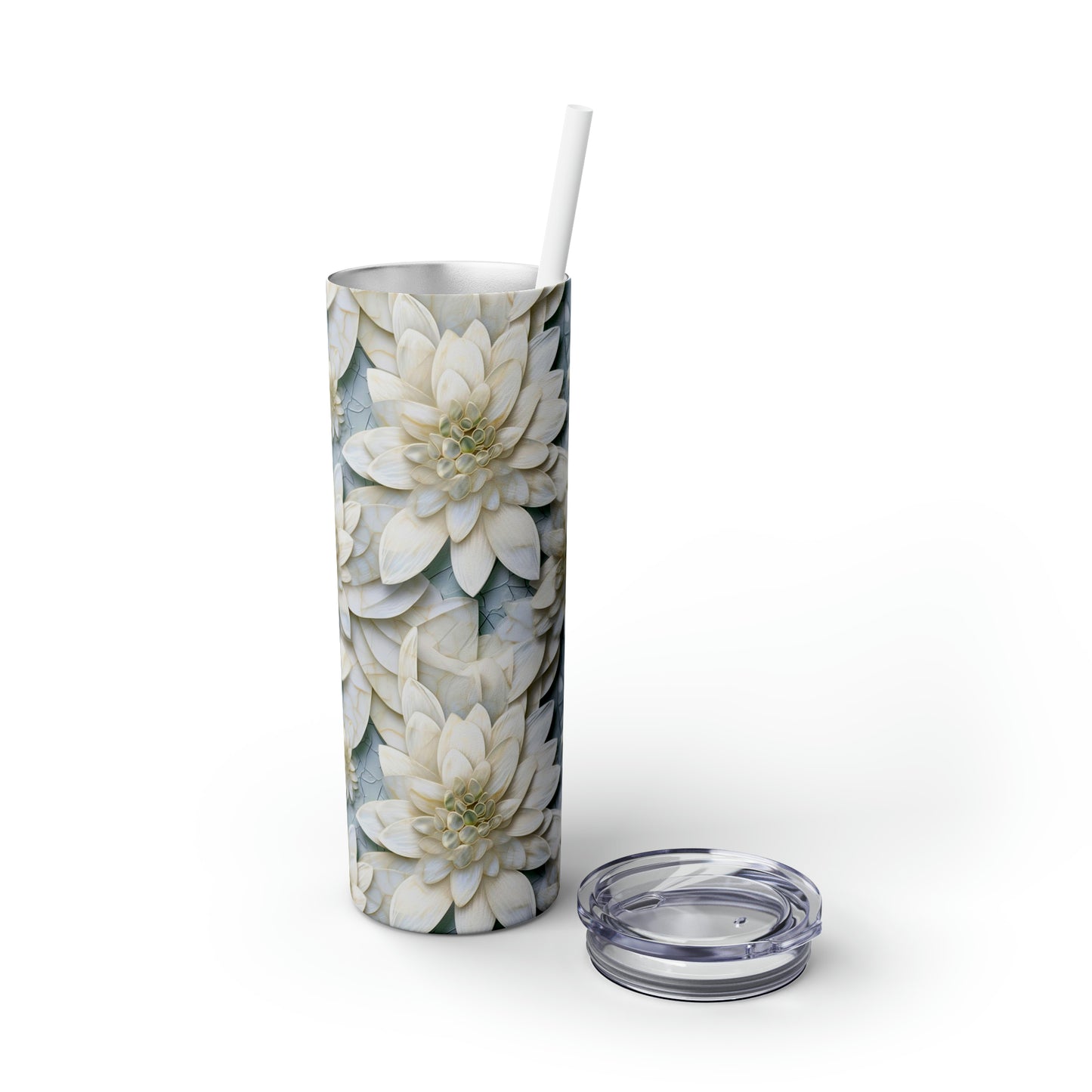 Mosaic White Lotus 7 - Skinny Tumbler with Straw, 20oz - Stainless Steel