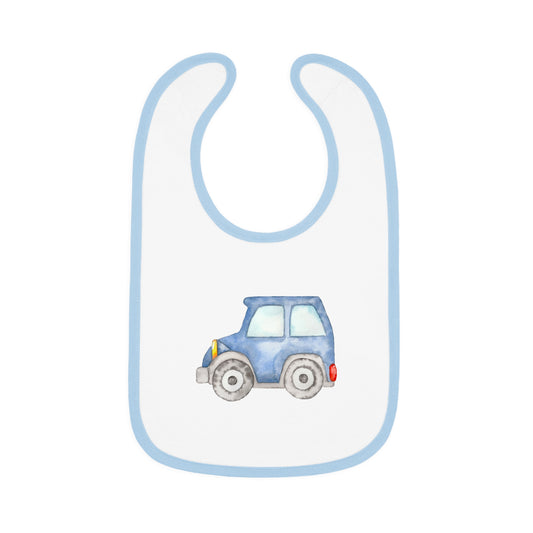 Watercolor Blue Car - Baby Contrast Trim Jersey Bib