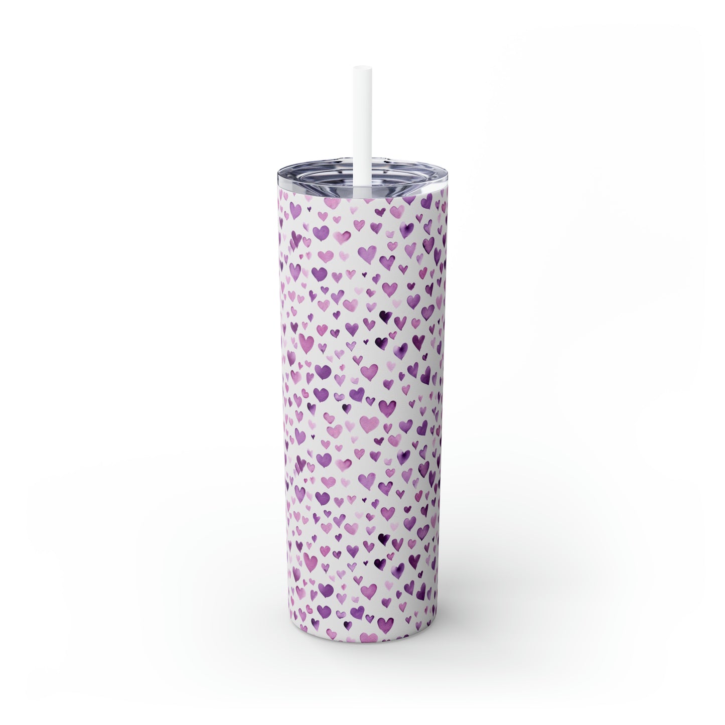 Mini Love Hearts - Purple Floating Hearts - Skinny Tumbler with Straw, 20oz - Stainless Steel