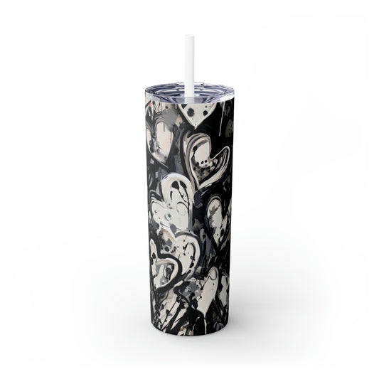 Black and White Painted Hearts - Skinny Tumbler with Straw, 20oz - Stainless Steel