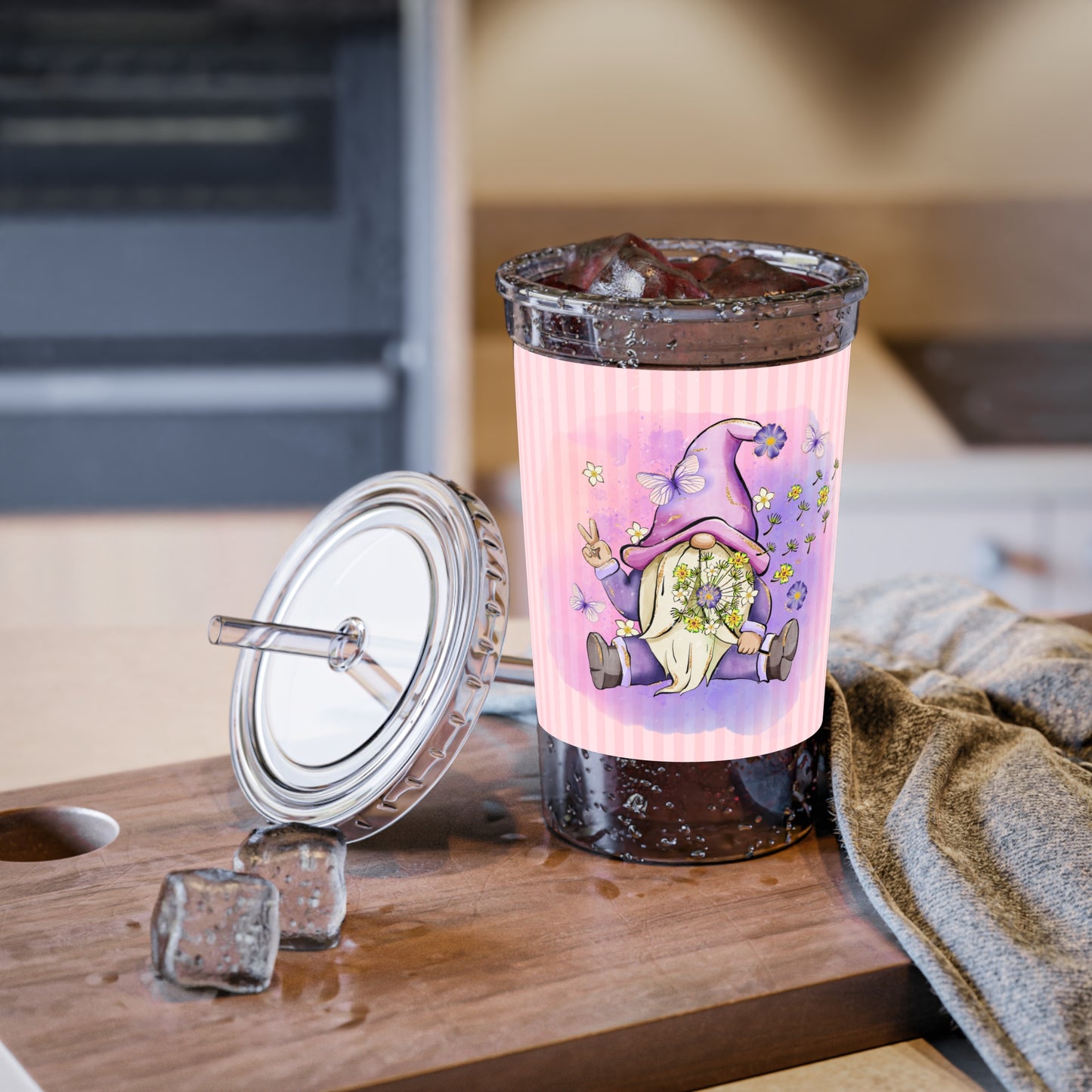 Purple Peace Gnome - Flowers and Butterflies - Pink Stripes - Clear - Suave Acrylic Cup - 16oz