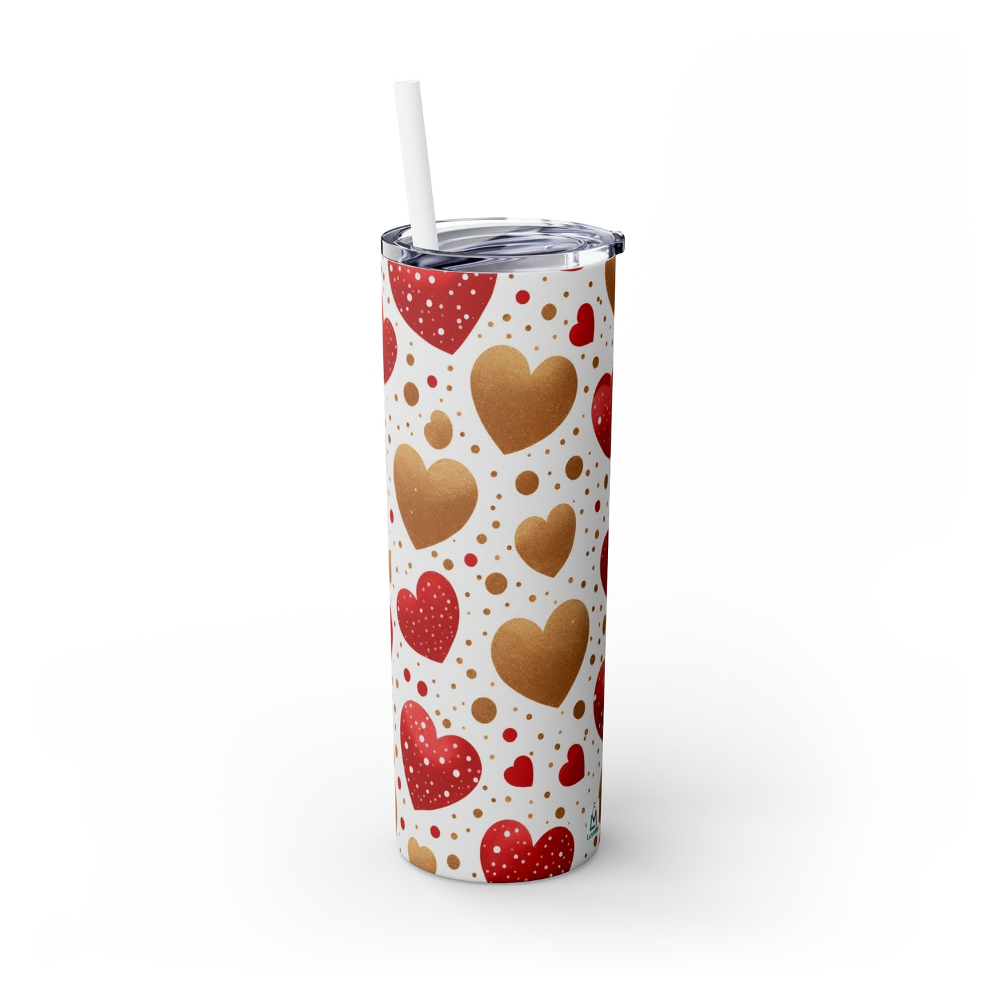 Love Hearts - Red and Gold Floating Hearts - Skinny Tumbler with Straw, 20oz - Stainless Steel