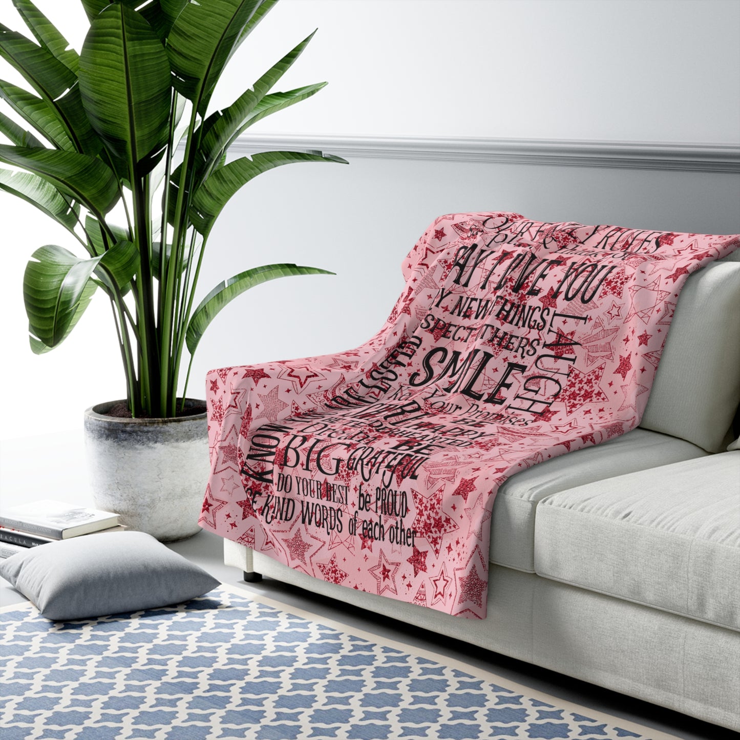 Beautiful, Cozy, Soft - Amazing Family Rules - Vintage Sign - Red Stars - Sherpa Fleece Blanket