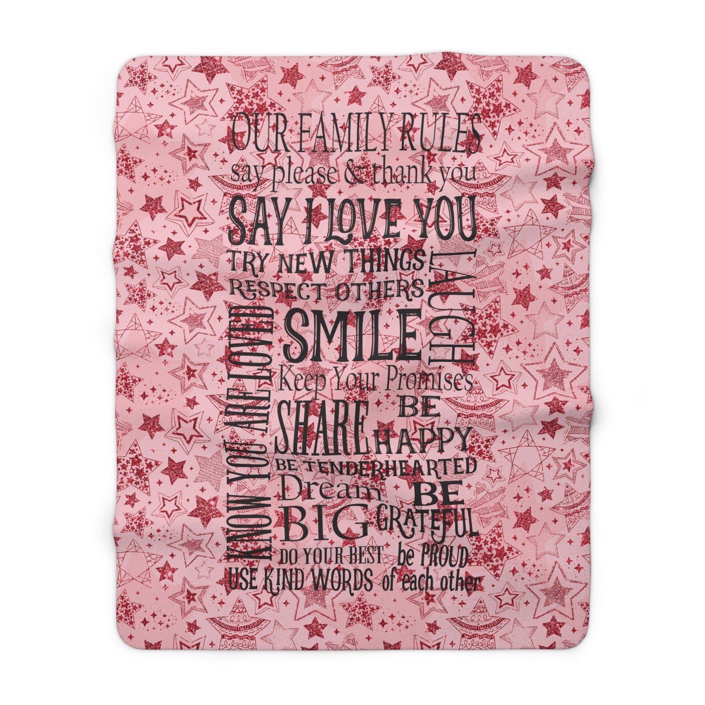 Beautiful, Cozy, Soft - Amazing Family Rules - Vintage Sign - Red Stars - Sherpa Fleece Blanket