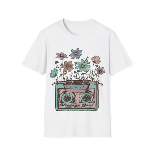Vintage Cassette Tape with Flowers - Unisex Softstyle T-Shirt