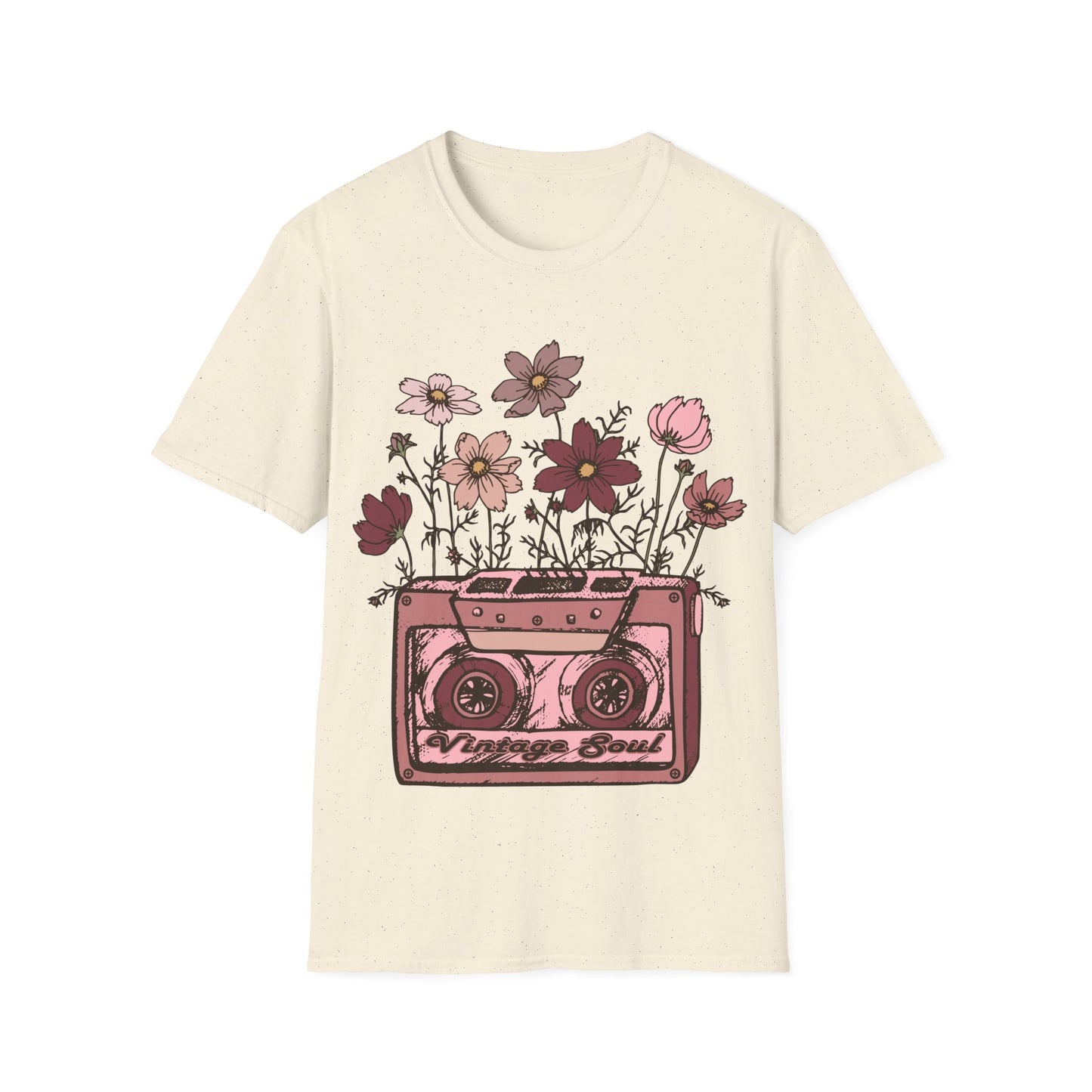 Vintage Cassette Tape with Flowers - Pink - Unisex Softstyle T-Shirt