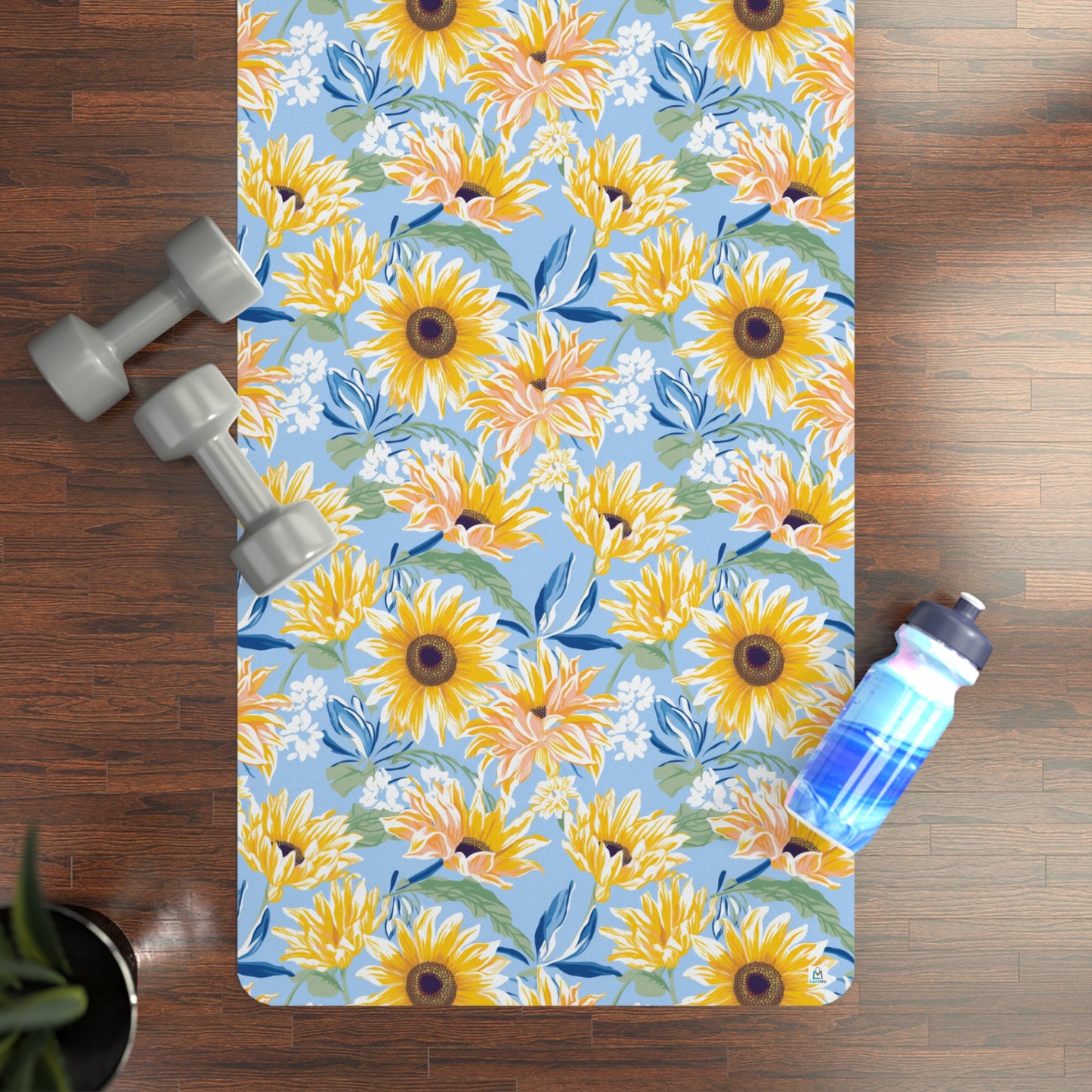 Bright Beautiful Sunflowers - Yellow and Blue - Rubber Yoga Mat