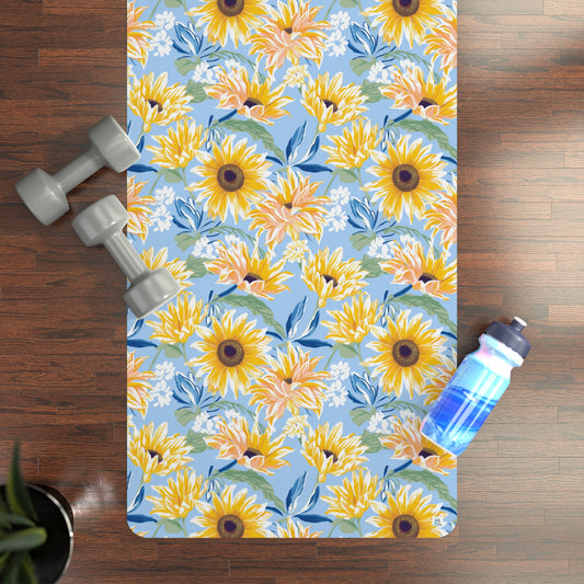 Bright Beautiful Sunflowers - Yellow and Blue - Rubber Yoga Mat