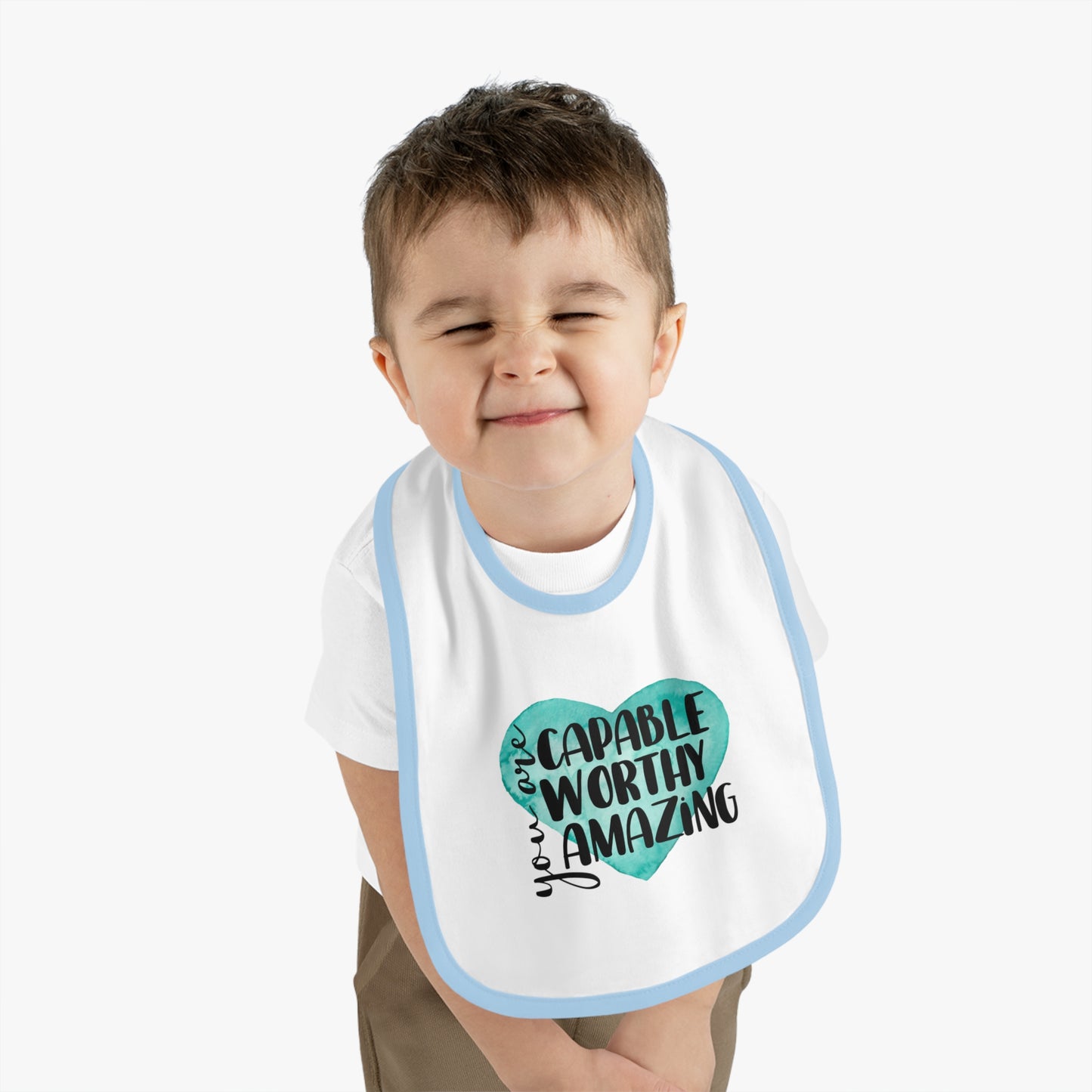 You are Capable, Worthy, Amazing - Watercolor Heart - Baby Contrast Trim Jersey Bib