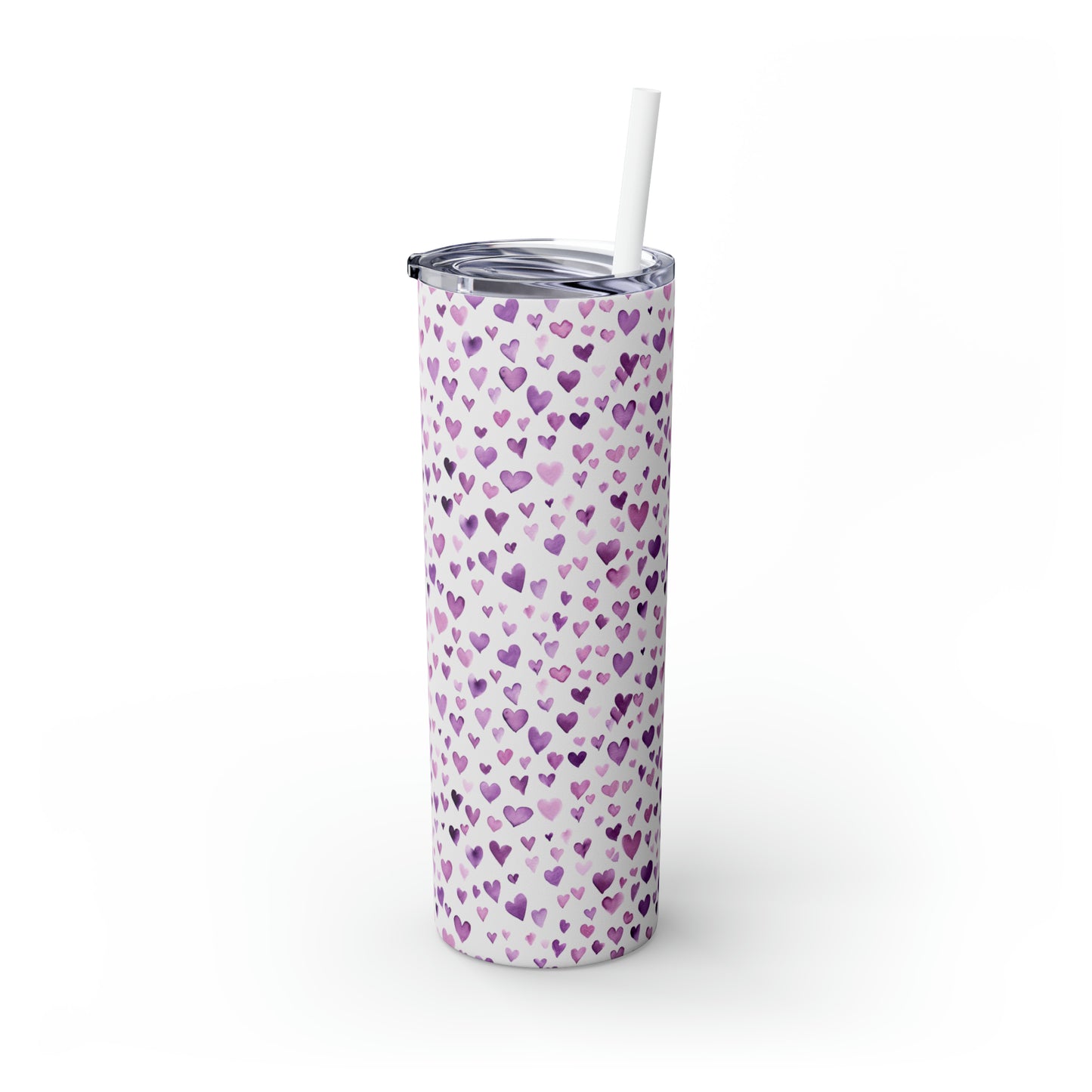 Mini Love Hearts - Purple Floating Hearts - Skinny Tumbler with Straw, 20oz - Stainless Steel