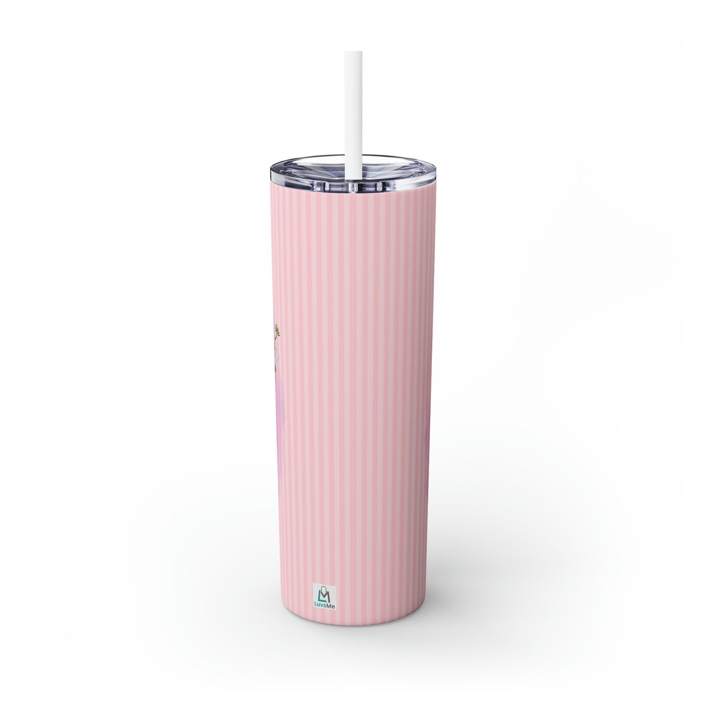 Purple Peace Gnome - Flowers and Butterflies - Pink Stripes - Skinny Tumbler with Straw, 20oz - Stainless Steel