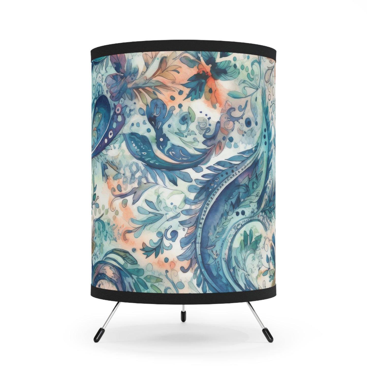 Beautiful and Unique - Watercolor Blue and Yelow Paisleys 1 - Tripod Lamp with High-Res Printed Shade, US\CA plug