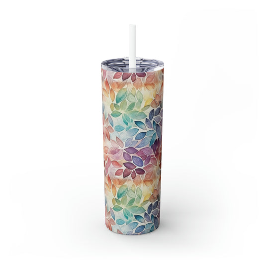Multicolor Rainbow Watercolor Leaves - Skinny Tumbler with Straw, 20oz - Stainless Steel