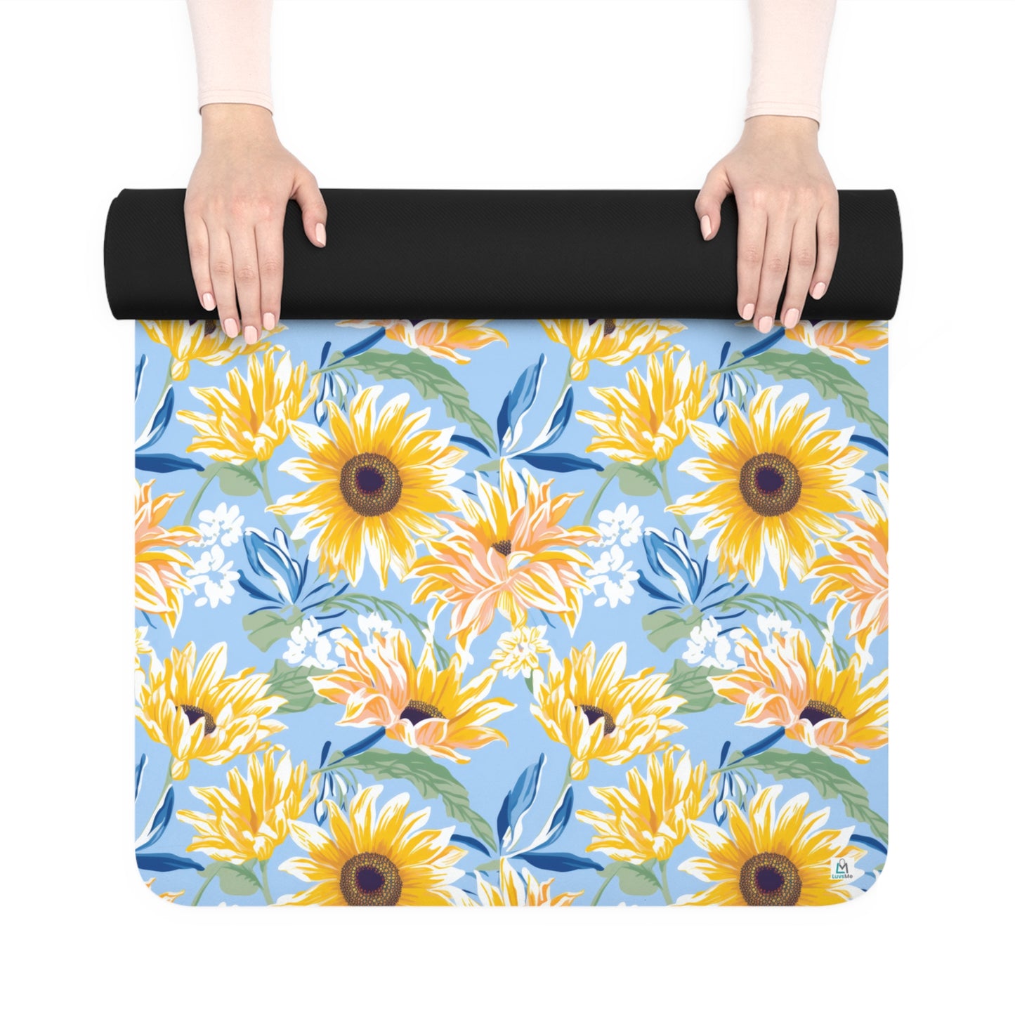 Bright Beautiful Sunflowers - Yellow and Blue - Rubber Yoga Mat