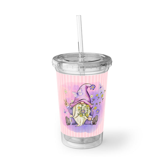 Purple Peace Gnome - Flowers and Butterflies - Pink Stripes - Clear - Suave Acrylic Cup - 16oz