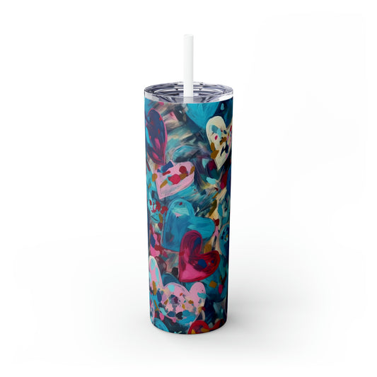 Blue Painted Hearts - Skinny Tumbler with Straw, 20oz - Stainless Steel